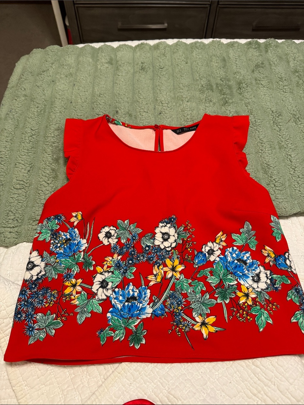 ZARA Red Floral Ruffle-Sleeve Top